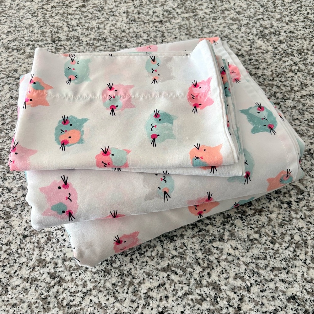 Cuddl Duds—Queen Soft Microfiber Sheet Set, Pink/Teal Stencil Kitten Cats